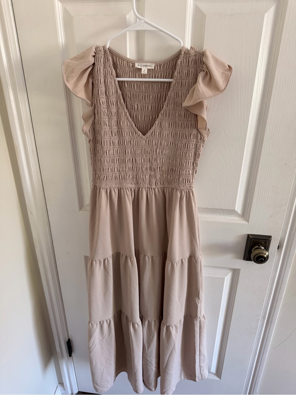 Blu Pepper Smocked V-Neck Midi Dress in Light Beige